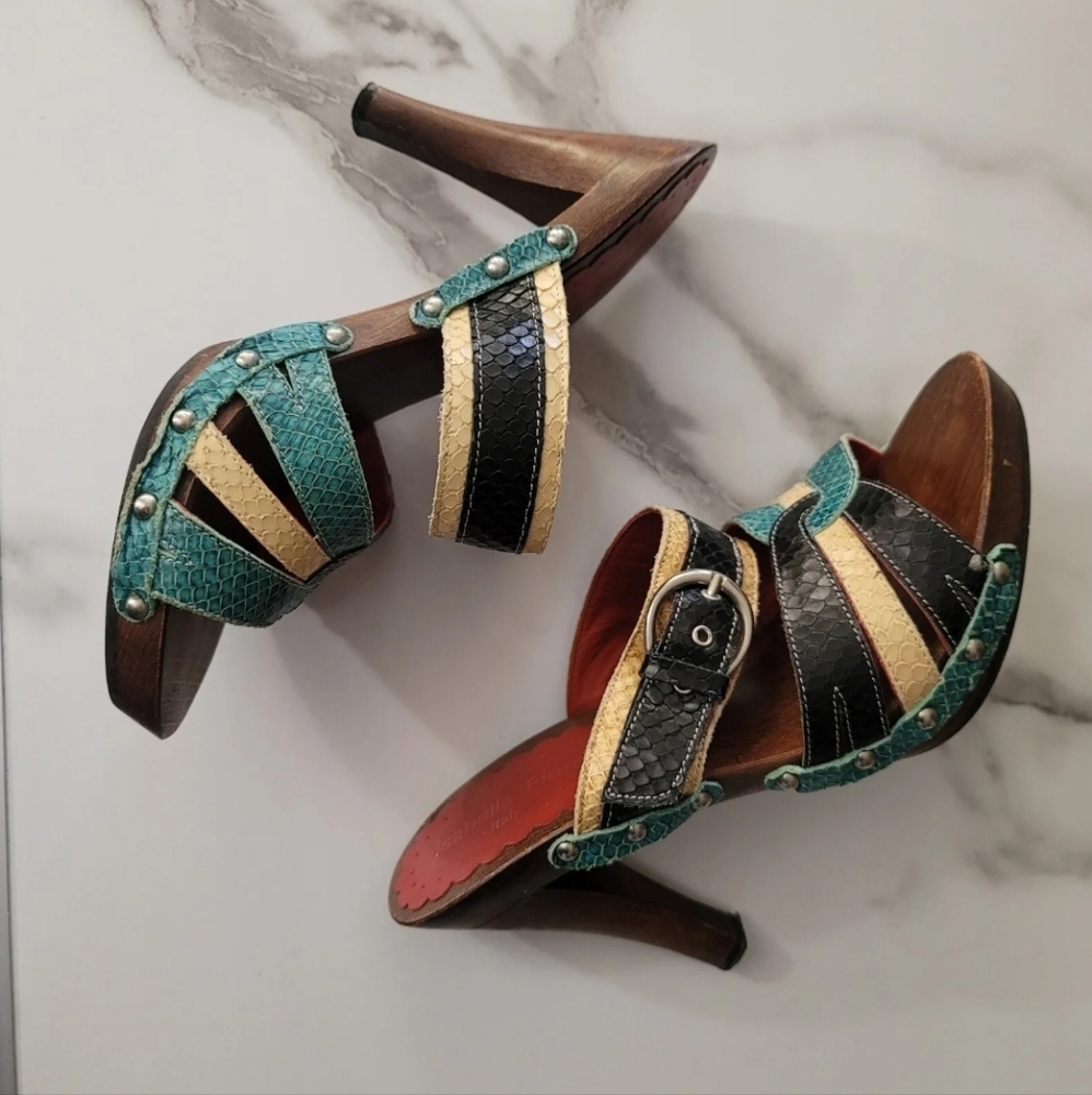 Isabella Fiore Sandals Size 7 Wood Leather Slip On Open Slides Heels 3.5" Multi - Picture 9 of 11